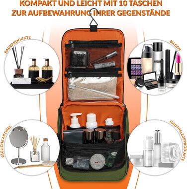 Чоловіча та жіноча дорожня косметичка Kulturbeutel Reise, водонепроникна, з гачком для підвішування, 7 відділень для кемпінгу та подорожей (зелена)