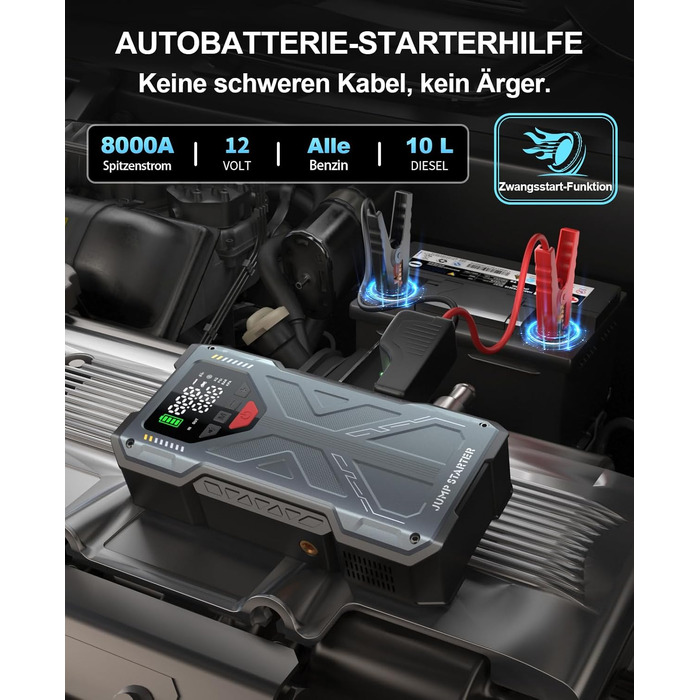 Пусковий пристрій (бустер) для авто Starthilfe 8000A з компресором 150PSI, портативний Powerbank 12V для бензинових та дизельних двигунів до 10л, LED-дисплей, сірий