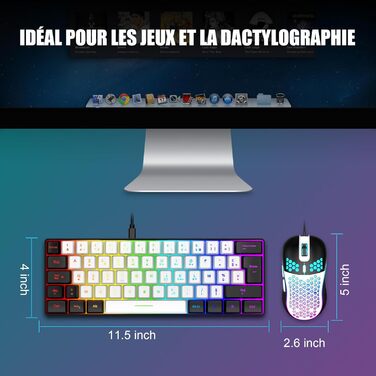 RedThunder K62 Бездротова ігрова клавіатура та миша, RGB, AZERTY, 62 клавіші, міні, для PC PS5 (Біло-Чорний)