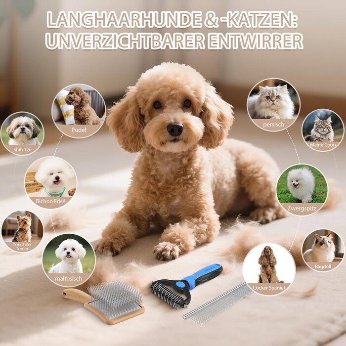 Набір гребінців для собак та котів зі щіткою Slicker - 3 шт. з дерев'яною ручкою, гребінець для підшерстя та гребінець з нержавіючої сталі - для довгошерстих порід, таких як голден ретривер та австралійська вівчарка (лакований)