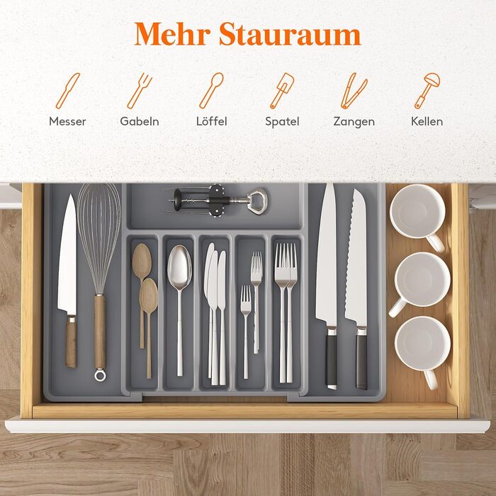 Органайзер для столових приборів Lifewit в шухляду, розсувний, пластиковий, 7-9 відділень, 38-50 см, сірий