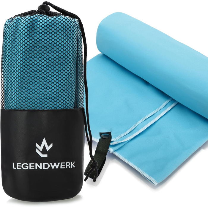 Рушник з мікрофібри Legendwerk® 160x80 см – швидковисихаючий, компактний, для подорожей, спорту та відпочинку на природі – легкий, стильний, з сумкою та петлею для підвішування. 1 шт (Світло-блакитний)