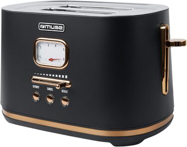 Muse stainless steel toaster in black retro design, analog display, illuminated buttons, 6 browning levels, 2-slice, MS-130 BC, vintage look, with crumb tray