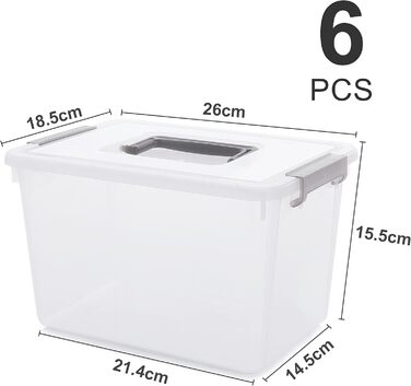 Citylife 6-Piece Storage Box Set, 5L Capacity with Lid and Closure Clips, Handle, Stackable, Transparent Box, for Living Room, Bedroom, Garage, 21.4 * 14.5 * 15.5cm