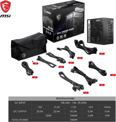 Блок живлення MSI MPG A1000G PCIE5 1000W, 80 Plus Gold, ATX 3.0, PCIe 5.0, повністю модульний