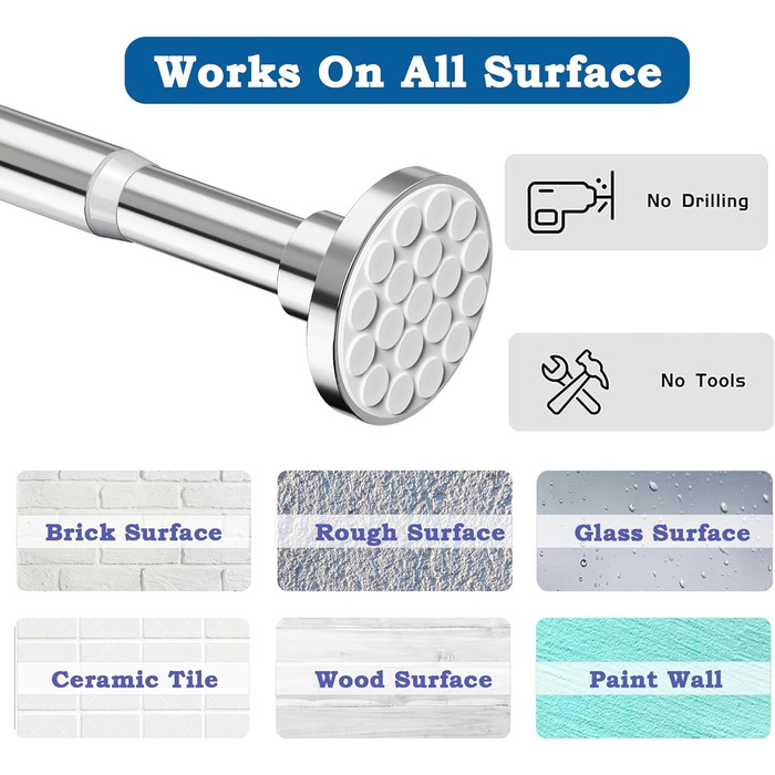 Штанга для штор у ванну/спальню, телескопічна, без свердління, 85-270 см, діаметр 32 мм, срібна