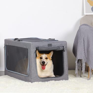 Клітка для собак Petsfit, сіра, розкладні, для дому та транспортування, розмір L (76x50x49 см), з м'якою підстилкою та міцними сітчастими вікнами