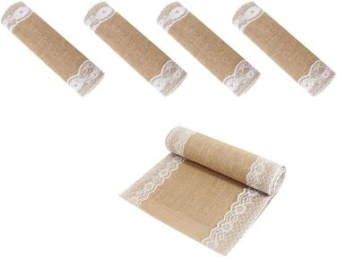 BIT.FLY Jute Table Runner with Lace - 5 Pack 30 x 275cm Table Runner Wedding Decoration Table Band made of Natural Linen for Weddings, Dinners, Parties, Table Decorations