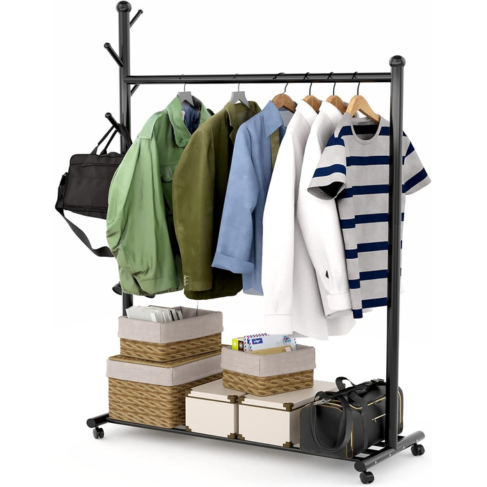 Clothes Rack Garment Rack Portable - Rolling Clothes Rack with Bottom Shelf (Black)