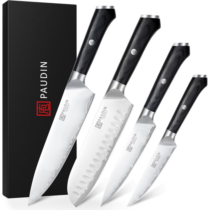 Набір кухонних ножів PAUDIN 4 шт: кухонний ніж, саторі, універсальний ніж, ніж для овочів. Професійний, гострий, з нержавіючої сталі 10Cr15CoMoV (твердість 62 HRC), з ергономічною дерев'яною ручкою
