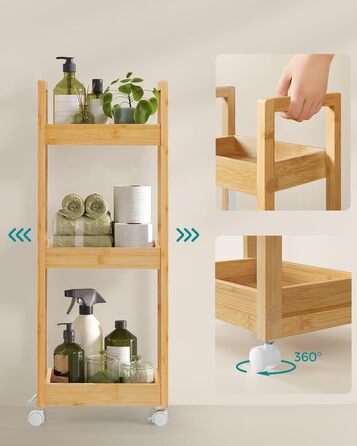 SONGMICS Rolling Cart, Bathroom Shelf, 3-Tier Bathroom Organizer, Bamboo Nook Shelf, Narrow Shelf, Rolling Utility Cart, Space-Saving, 20 x 30 x 80 cm, White BCB083W01 (Natural Beige)
