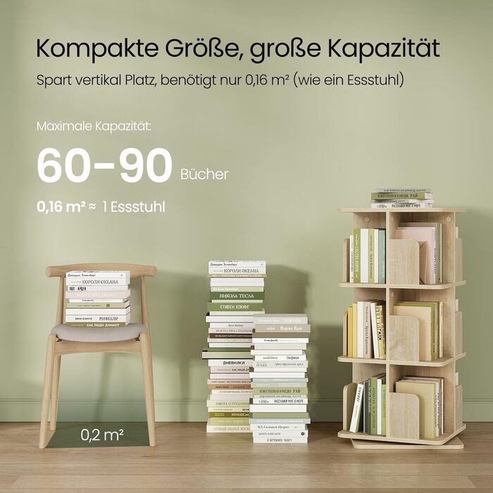 Обертовий книжковий стелаж EUGAD, 4 рівні, 360°, МДФ, світлий дуб, 39,5x128x39,5 см, для офісу та дому, багатофункціональний роздільник простору