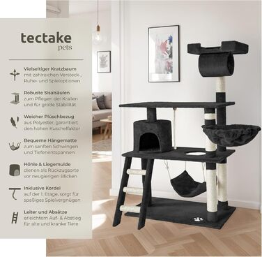 Кігтеточка Tectake для котів з будиночком, гамаком, сходами та іграшками, 141 см, чорна