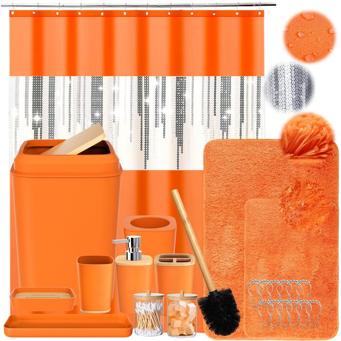 Набір аксесуарів для ванної кімнати, 9 предметів: сміттєвий бак, тримач для зубних щіток, стаканчик для зубних щіток, диспенсер для мила/лосьйону, тумбочка під раковину, мильниця, щітка для унітазу, контейнер для ватних паличок (Помаранчевий, Комплект для