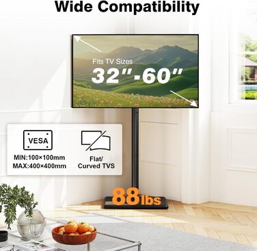 Підставка для телевізора TVON на підлозі з кріпленням для більшості телевізорів 81,3 - 152,4 см (32-60 дюймів) до 40 кг, регульована по висоті, з дерев'яною основою, для економії місця, підлогова підставка для телевізора (Чорний, Дерев'яна основа)