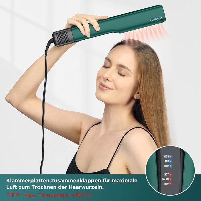 Випрямляч для волосся PARWIN PRO BEAUTY Ionen Air Glätteisen: без нагрівальних пластин, для середнього та довгого волосся (35-75 см), 1200 Вт, темно-зелений