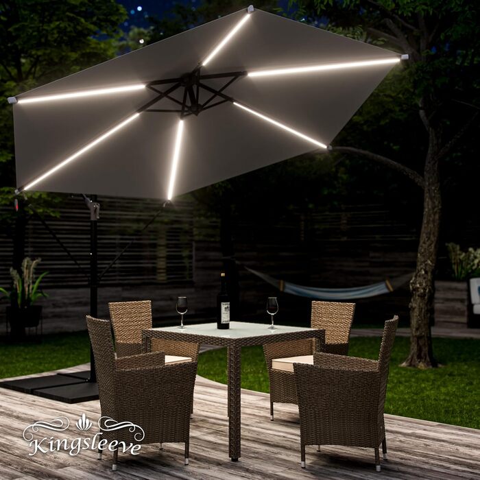 Kingsleeve® Canopy Umbrella LED Lighting UV Protection 80+ Solar Stand Protective Cover 350cm Large Crank Balcony Terrace Garden Umbrella Parasol