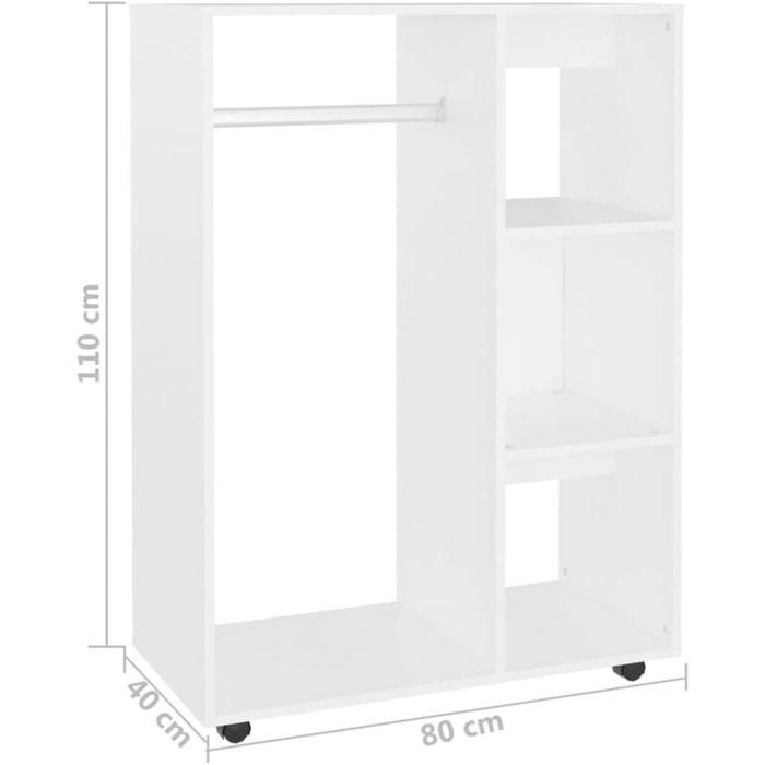 vidaXL Wardrobe with Open Shelf, 3 Side Shelves, Wheels, Coat Rack, Wardrobe, Bedroom, Cabinet, White, 80x40x110cm, Wood Composite
