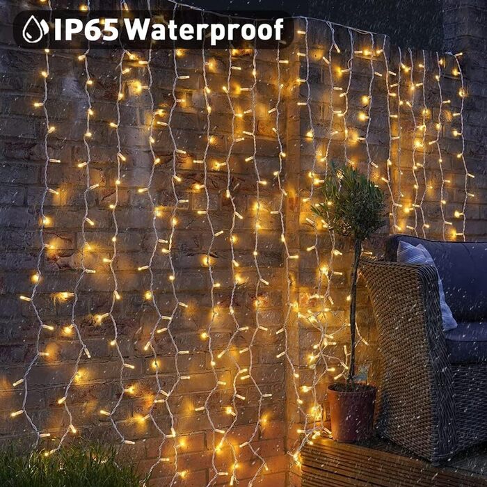 Лампочки-завіса 300 LED, 3x3м, різдвяне освітлення для вікна, з вилкою/таймером, 8 режимів, вологостійка, для декорування стін, вечірок, святкування. Колір: холодний білий, 1 шт.