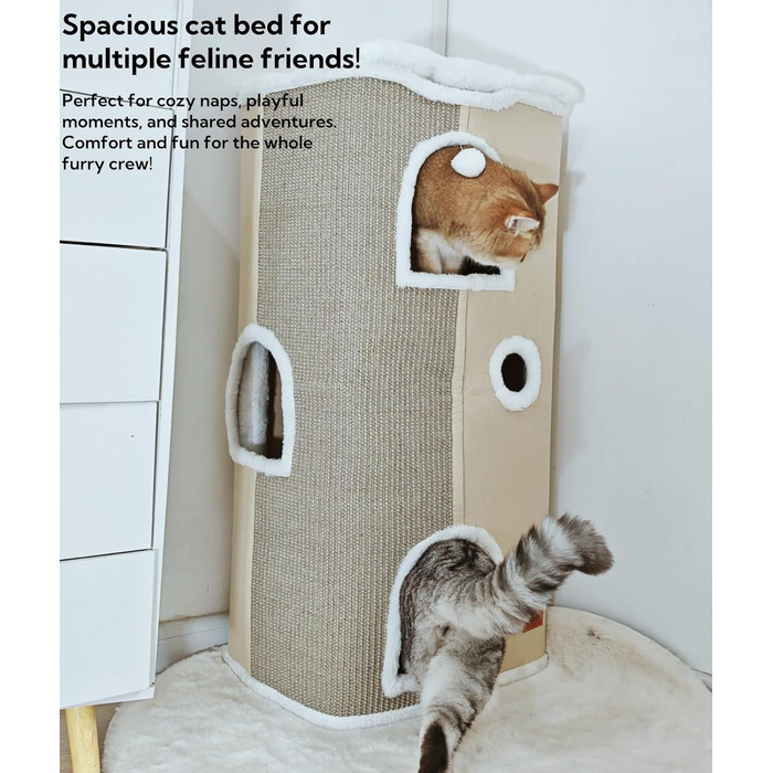 Кігтеточка-будиночок для котів велика, сіра, 42x42x33 см з подушкою та іграшкою