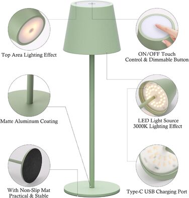 LED акумуляторні настільні лампи Klighten (2 шт.) - диммування, USB-C, IP54, зелені