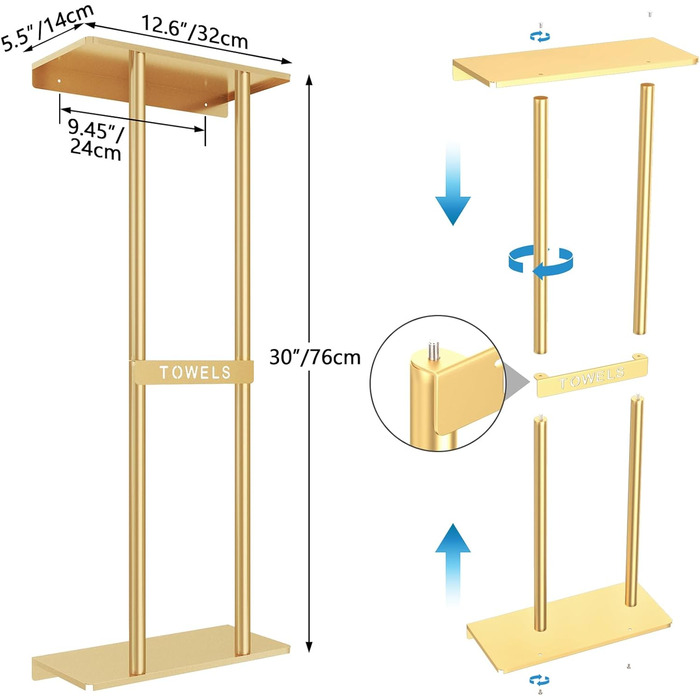 Тримач для рушників настінний з полицею, золото, 30 дюймів. Металевий органайзер для ванної кімнати