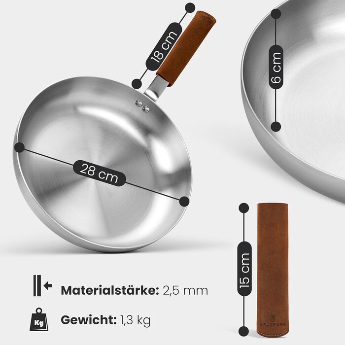 Сковорода нержавіюча WALDWERK 28 см індукційна, жароміцна - без покриття, з шкіряною ручкою