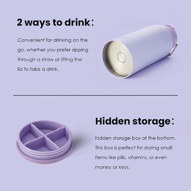 BOTTLE BOTTLE Stainless Steel Water Bottle 1L with Straw – Leak-Proof Insulated Bottle for Sports & Gym, with Pill Compartment, BPA-Free, Double-Walled (Light Purple)