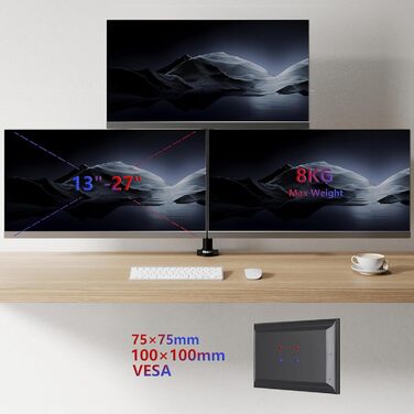 Тримач для моніторів Duronic DM253 на 3 екрани (13-27 дюймів) - Чорний, Регульована висота, кут нахилу, поворот, VESA, до 8 кг