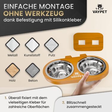 Підвищений годівниця для котів Doppel-Katzennapf з силіконовим клеєм для кріплення на стіну без свердління. Плавучий годівниця для котів, довговічна чаша з нержавіючої сталі (дуб)