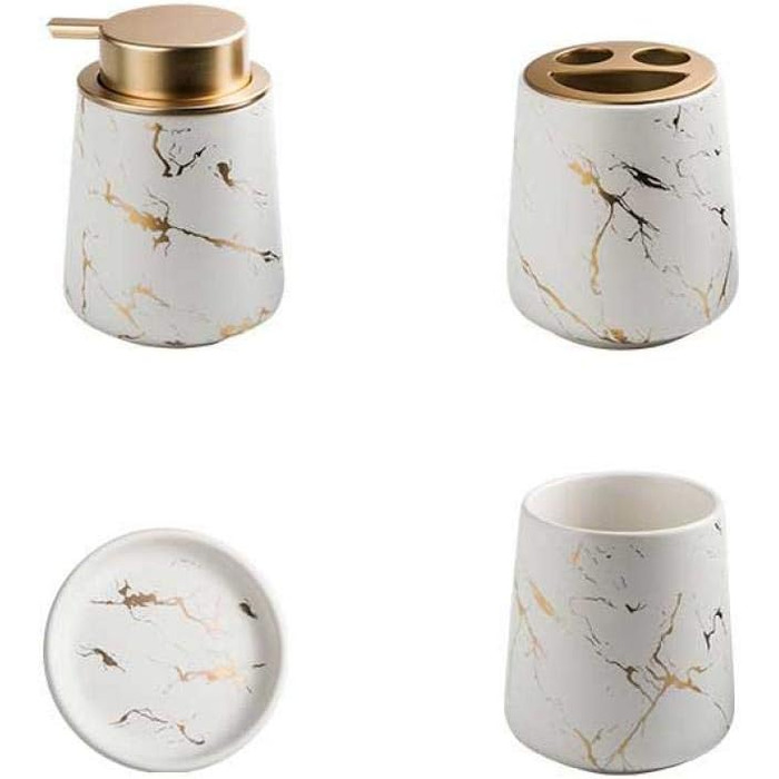 Набір аксесуарів для ванної кімнати – 4 шт. з ефектом темного зеленого мармуру: дозатор мила, тримач для зубних щіток, попільничка, мильниця (білий)