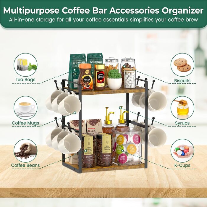 EsLuker.ly 2-Tier Mug Holder and Cup Stand, Mug Rack for Coffee Cups, Coffee Organizer for Countertop, Coffee Station Organizer with Mug Holder, Vintage Brown-Black
