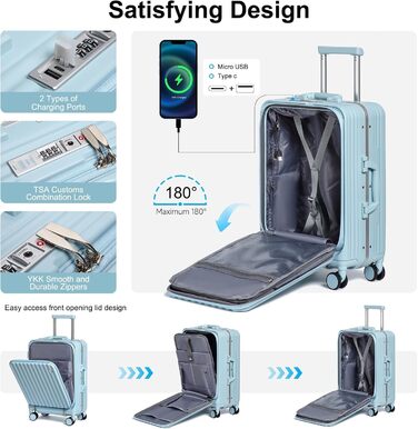 Валіза ручної поклажі Sea Choice з жорстким корпусом з PC, відділенням для ноутбука, USB-портом, 8 спін-колесами, замком TSA та тримачем для напоїв (1 шт., блакитний)