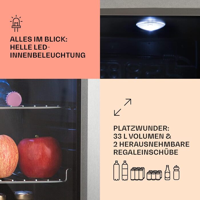 Міні-холодильник Klarstein з скляними дверцятами, 33 літри, для кімнати, тихий, indoor/outdoor