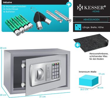 Електронний сейф KESSER® 31x20x20 см зі світлодіодним дисплеєм, подвійним ригелем, кріпленням для стіни та меблів, внутрішнім освітленням, сріблястий