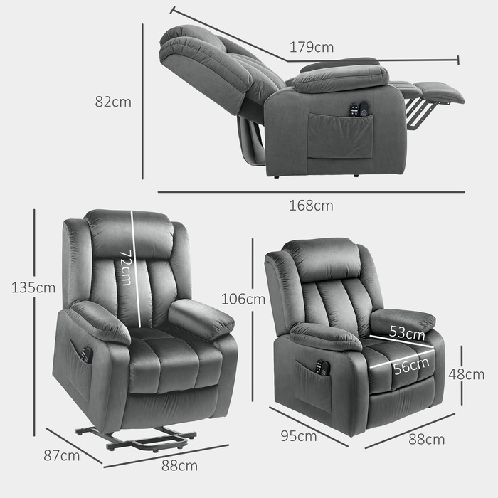 HOMCOM TV Chair with Rise Assist, Electric Recliner with Lie-flat Function, Vibration Massage, Heating Function, TV Chair with Pocket Coil Spring, Side Pocket and Remote Control, Dark Grey | Aosom