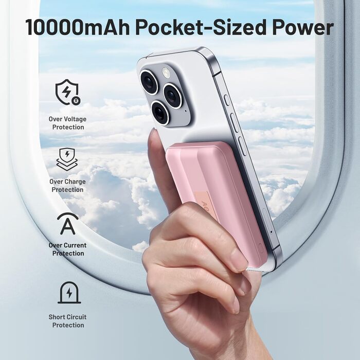 Power Bank AOGUERBE Mag-Safe 10000mAh рожевий: Бездротова зарядка 22.5W PD з LED-дисплеєм