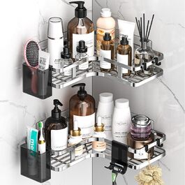 Поличка для душу без свердління, кутова, 2 шт. Органайзер для ванної кімнати з 4 гачками, чорний (A-silver)