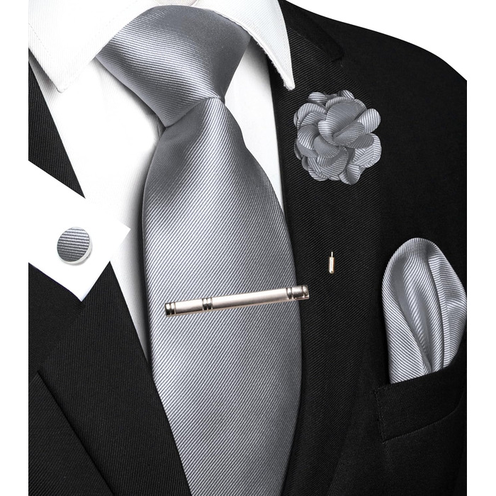 Набір краваток JEMYGINS для чоловіків: краватка з твіду, кишеньковий платок, запонки, краватки-кліпса та брошка. Ідеальний подарунок для вечірок, бізнесу та весіль (сірий)