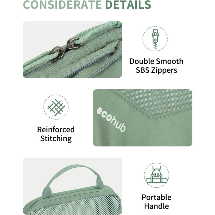 Органайзери для валізи ECOHUB (4 шт.) з мітками, набір еко-пакувальних кубиків з перероблених матеріалів, зелені