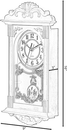 Clockwise Vintage Grandfather Wood-Look Plastic Pendulum Decorative Battery-Operated Wall Clock Brown for Office, Home Decor, Living Room, Kitchen or Dining Room, Brown