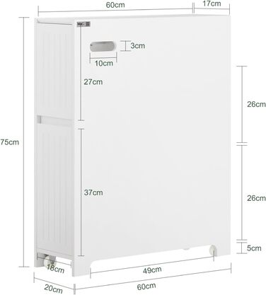 SoBuy BZR111-W Niche Shelf 20cm with Wheels Kitchen Shelf Niche Cart Roll Cart Niche Cabinet Narrow Shelf Toilet Paper Storage Bathroom Furniture White WxHxD approx. 20x75x60cm