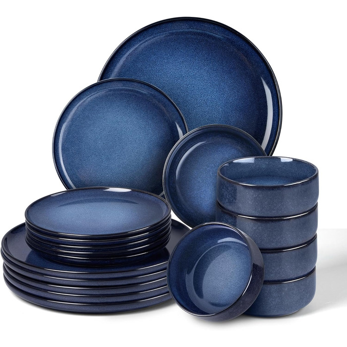 Набір посуду Onader на 6 осіб (18 предметів) - Тарілки, миски, десертні тарілки, кераміка, блакитний, для миття в посудомийній машині