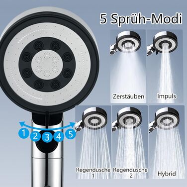 Fall Shower Head with Filter - High-Pressure Handheld Showerhead, Water-Saving with 1.5M Hose, Shower Head with 5 Spray Patterns and Stop Function, Shower Head with Hose, Chrome