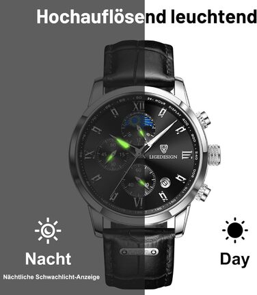 Годинник чоловічий LIGE, Хронограф, Аналоговий кварц, Ремінець зі шкіри, Календар, Світлодіодне підсвічування, Водостійкий 3ATM, Чоловічий годинник для бізнесу та відпочинку, Чорний