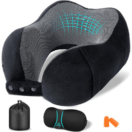 Подушка для шиї у літак, доросла, з піною з пам'яті, регульована, з маскою для сну та берушами, чорна
