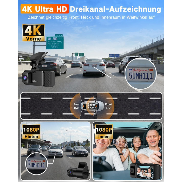 Автомобільний відеореєстратор Wecool 3-канальний 4K+1080P+1080P (передній, задній, салон), кут огляду 470°, 5GHz WiFi, 64GB SD-карта, нічна зйомка, G-сенсор, циклічний запис, 24Гд паркування, Frosted Black