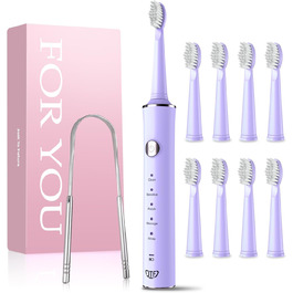 Електрична звукова зубна щітка JTF з очищувачем язика, 8 насадок, 5 режимів, функція пам'яті, таймер 2 хв, IPX7, швидка зарядка 3 год, для дорослих (блакитний) (фіолетовий + очищувач язика)
