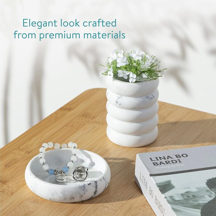 Набір для ванної кімнати Navaris: дозатор мила, стакан для зубної пасти, 3 предмети. Аксесуари для ванної кімнати з штучного каменю (білий)