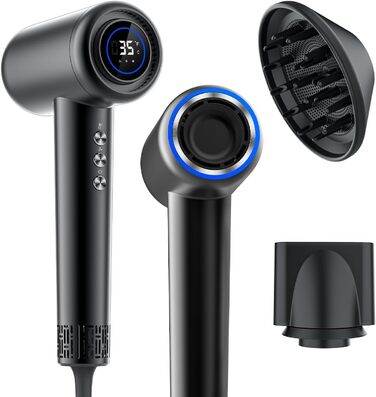 Професійний фен Hiacinto з іонізацією та технологією Plasma, 180 000 обертів/хв, тихий (59dB), 3 режими температури/повітря, з насадкою та дифузором, компактний для подорожей
